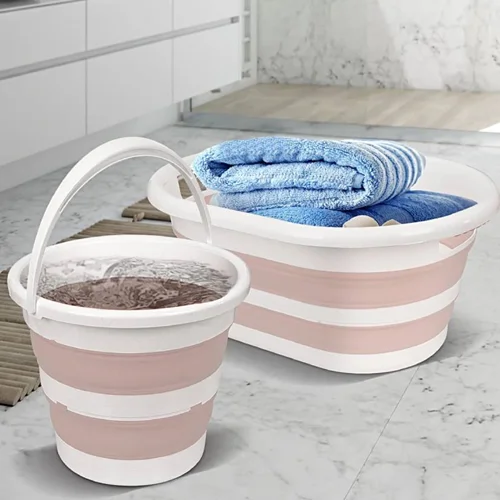 عکس سبد رخت چرک سطل تاشو سیلیکون ملنی هوم صورتی