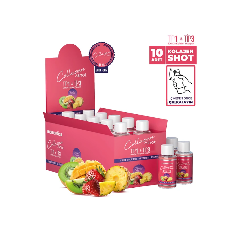 شات کلاژن موموردیکا تری‌پپتید ۵۰۰ دالتون تیپ ۱ و ۳ با سلنیوم بسته ۱۰ عددی