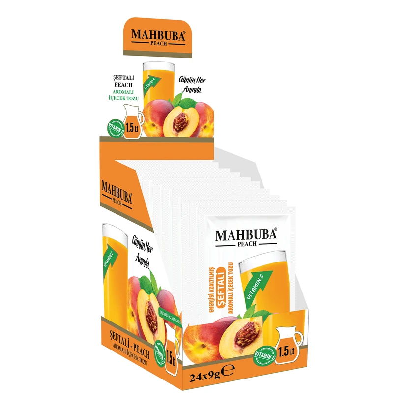 پودر نوشیدنی سرد طعم هلو محبوبا بسته 24 عددی ساشه 9 گرمی