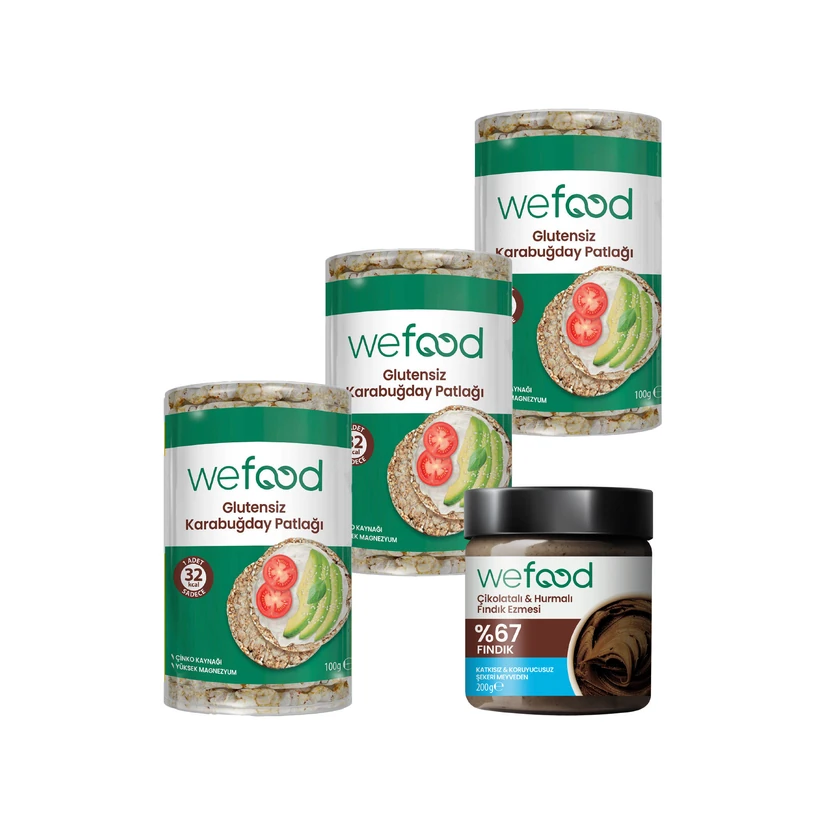 کرم فندق خرما و شکلات 200 گرمی و پفکی گندم‌سیاه بدون گلوتن ویفود 3×100 گرم