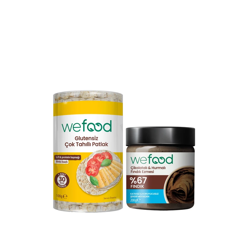 کره فندق شکلاتی با خرما 200 گرم و پفک چندغله بدون گلوتن ویفود 100 گرم