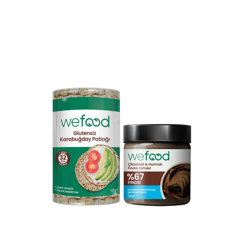 کره فندقی خرما شکلات 200 گرمی با اسنک پف‌کرده گندم‌سیاه بدون گلوتن ویفود 100 گرمی