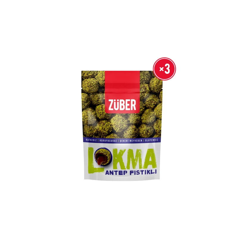 توپ میوه‌ای زوبر با روکش پسته و فندق کاکائویی ۹۶ گرمی بسته ۳ عددی