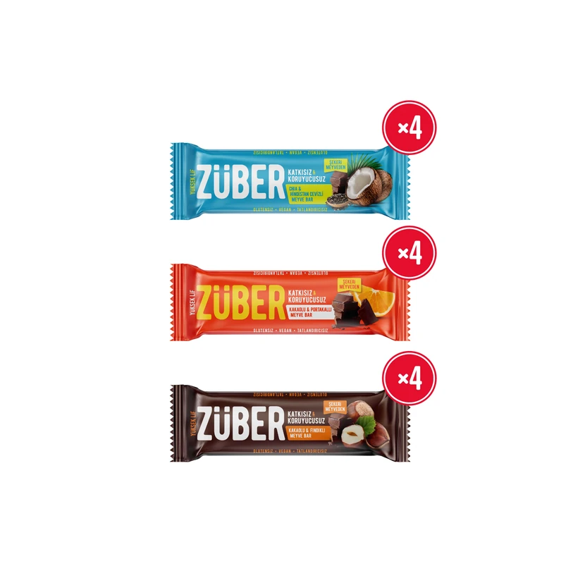 بسته ۱۲ عددی بار میوه زوبر ۴۰ گرمی سه‌طعم چیا فندقی و پرتقالی