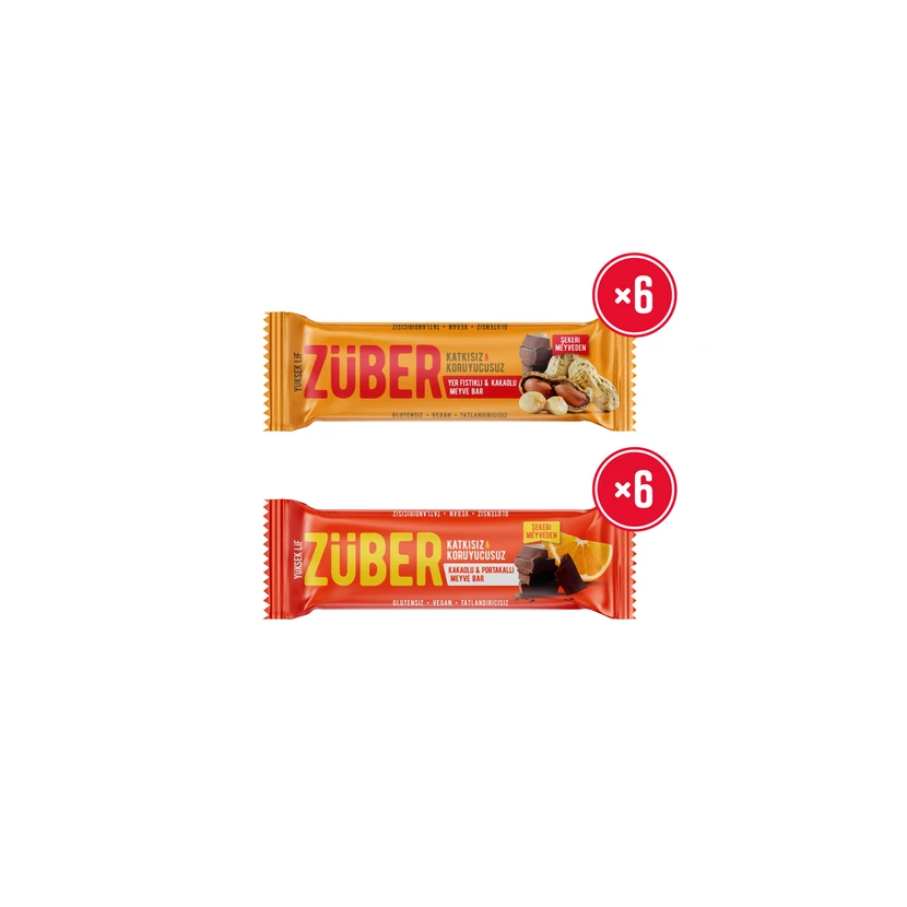 بسته ۱۲ عددی بار میوه‌ای بادام‌زمینی و پرتقال زوبر ۴۰ گرمی