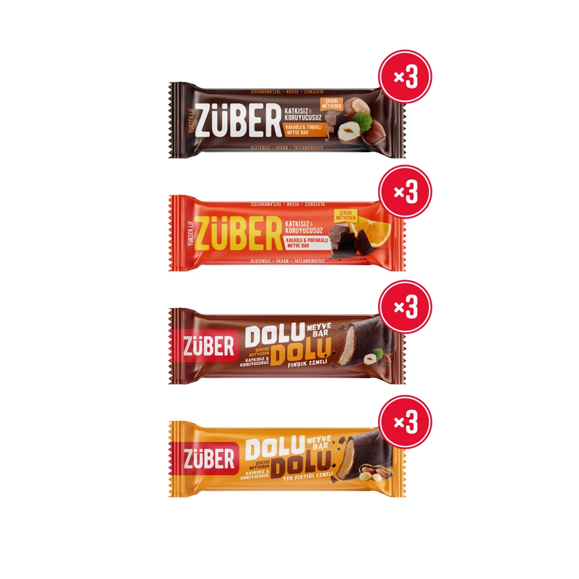 پک ۱۲ عددی میوه‌بار مخلوط زوبر ۳۰ گرمی با طعم پرتقال فندق و پسته