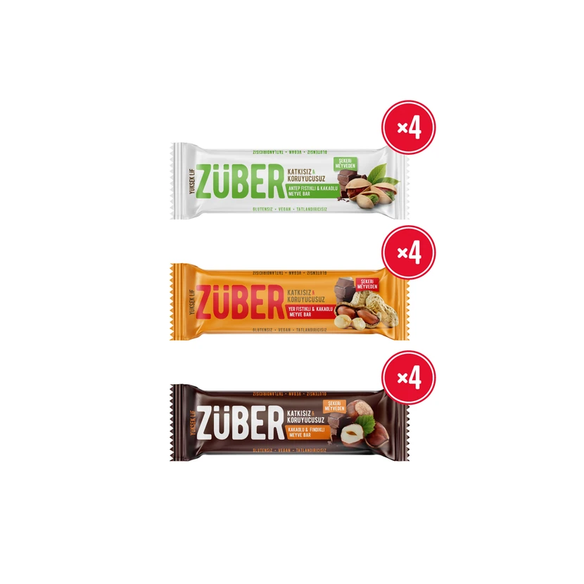 پک ۱۲ عددی بار میوه‌ای مغزدار زوبر طعم پسته بادام‌زمینی و فندق