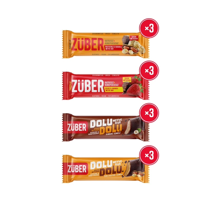 بار میوه‌ای زوبر طعم توت‌فرنگی و بادام زمینی فندق پسته بسته ۱۲ عددی ۳۰ گرمی