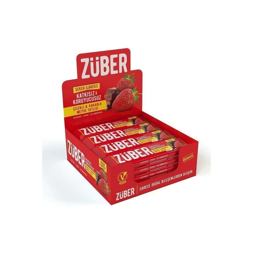 بار میوه‌ای توت‌فرنگی و شکلات زوبر بدون قند افزوده و بدون گلوتن وگان ۱۲ عددی