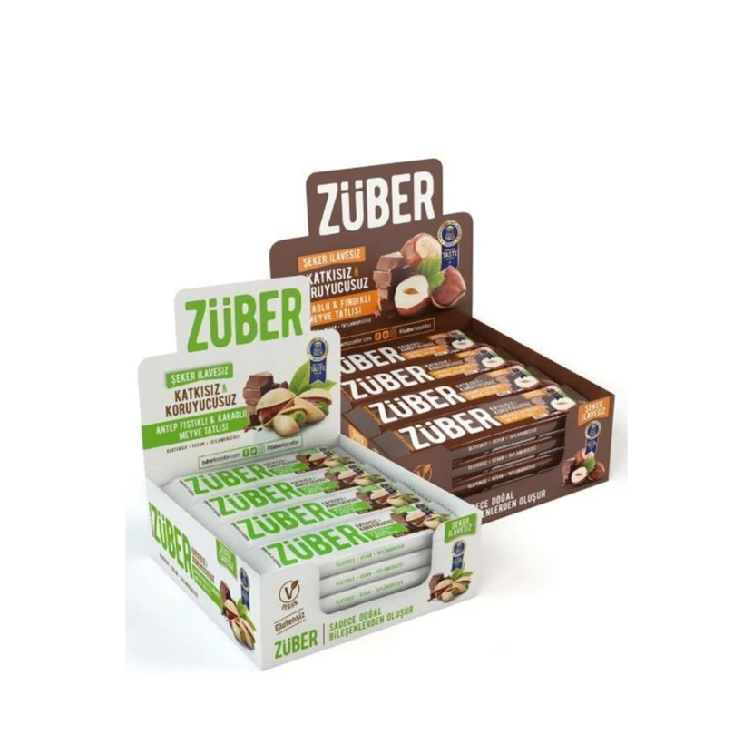 بار میوه‌ای بدون شکر زوبر با طعم فندق و پسته 24 عددی 40 گرمی