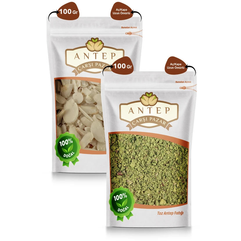 پودر پسته آنتپ پازاری 100 گرم و بادام خلال 100 گرم