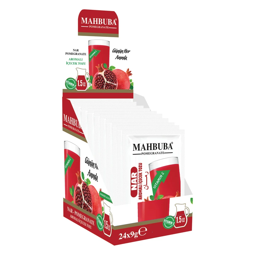 نوشیدنی پودری سرد محبوبا با طعم انار بسته 24 عددی (هر ساشه 9 گرم)