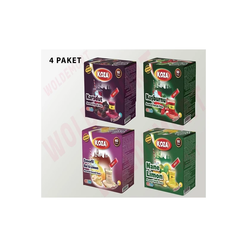 پودر نوشیدنی تک‌ نفره کوزا — گل‌نسترن، نعناع، لیمو، توت‌سیاه، زنجبیل و عسل (4 بسته)