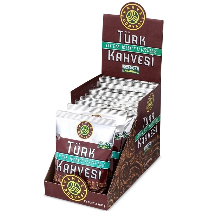 قهوه ترک روست متوسط دنیای قهوه 100 گرم بسته 12 عددی