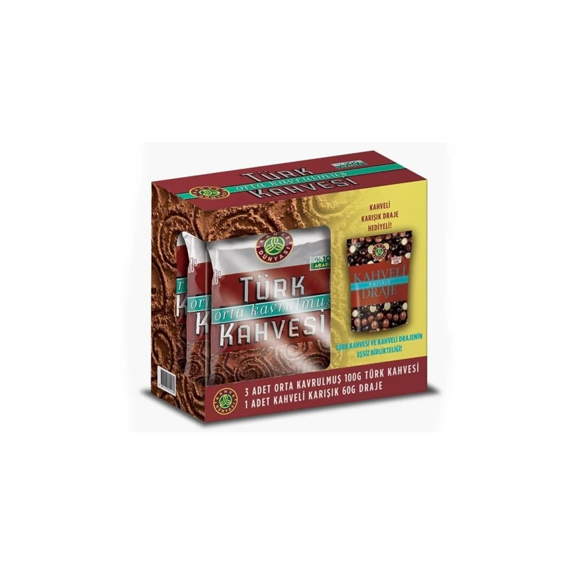 قهوه ترک کافه دنیاسی ۱ بسته ۱۰۰ گرمی (همراه ۳ بسته دراژه ۶۰ گرمی)