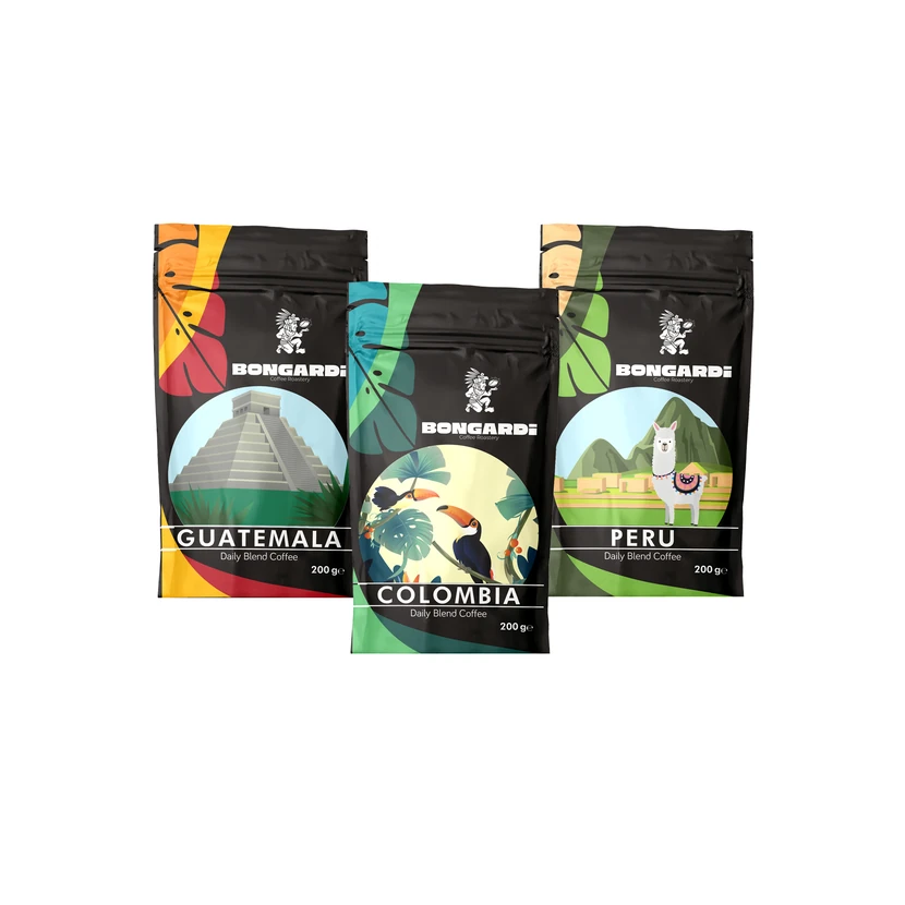 بسته قهوه مخلوط محلی (کلمبیا، گواتمالا، پرو) بونگاردی ۳ بسته ۲۰۰ گرمی