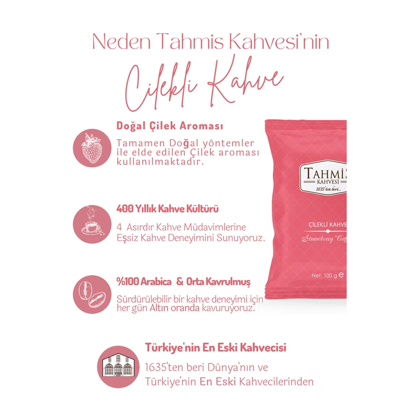 قهوه ترک با طعم توت‌فرنگی کوهی تاهمیس بسته ۱۰۰ گرمی