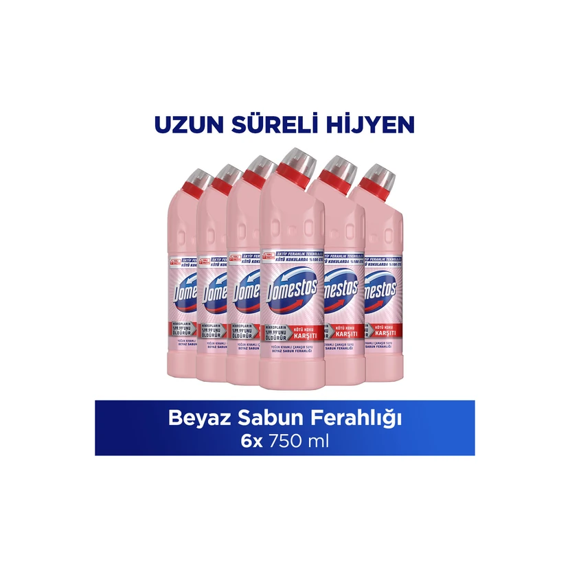 دومستوس سفیدکننده رایحه صابون سفید ۷۵۰ میلی‌لیتر بسته ۶ عددی با دستمال