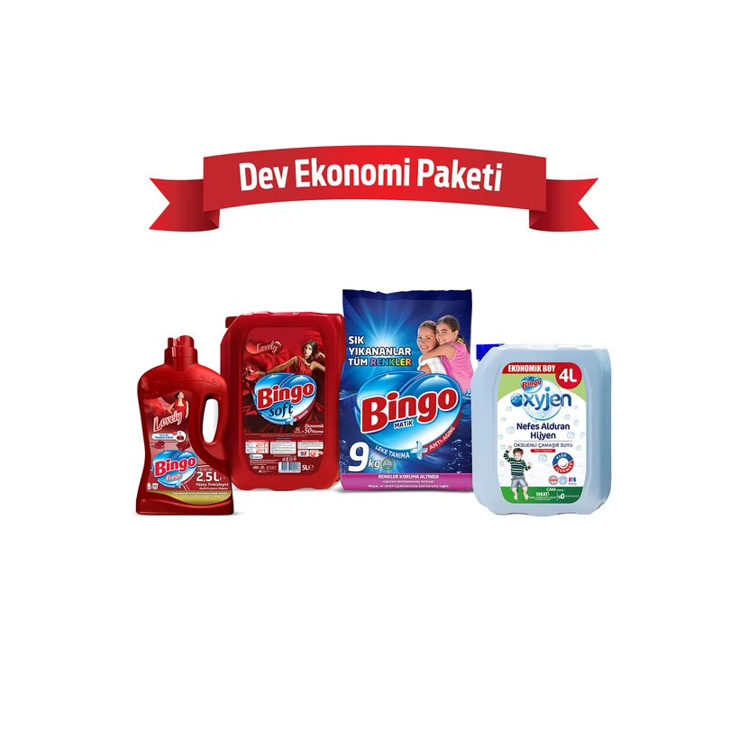 بینگو پک اقتصادی بزرگ پودر ماتیک 9 کیلوگرم با نرم‌کننده 5 و 2.5 لیتر