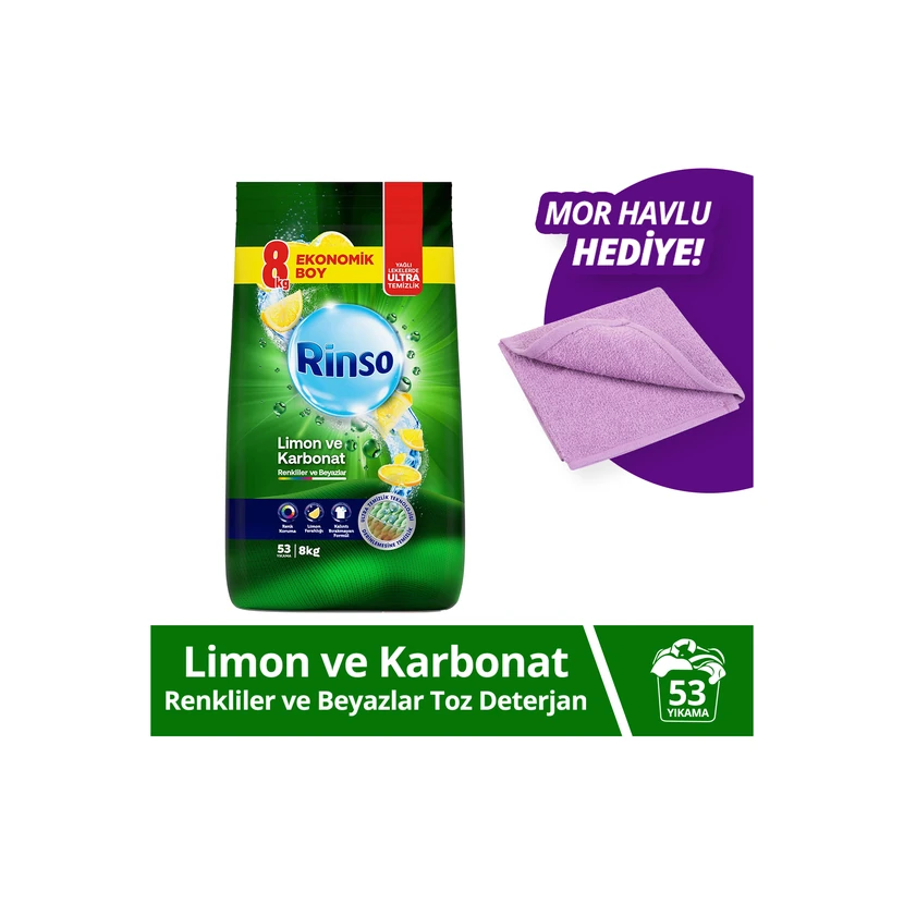 پودر لباسشویی رینسو مخصوص رنگی و سفید با عصاره لیمو و جوش‌شیرین 8 کیلوگرمی