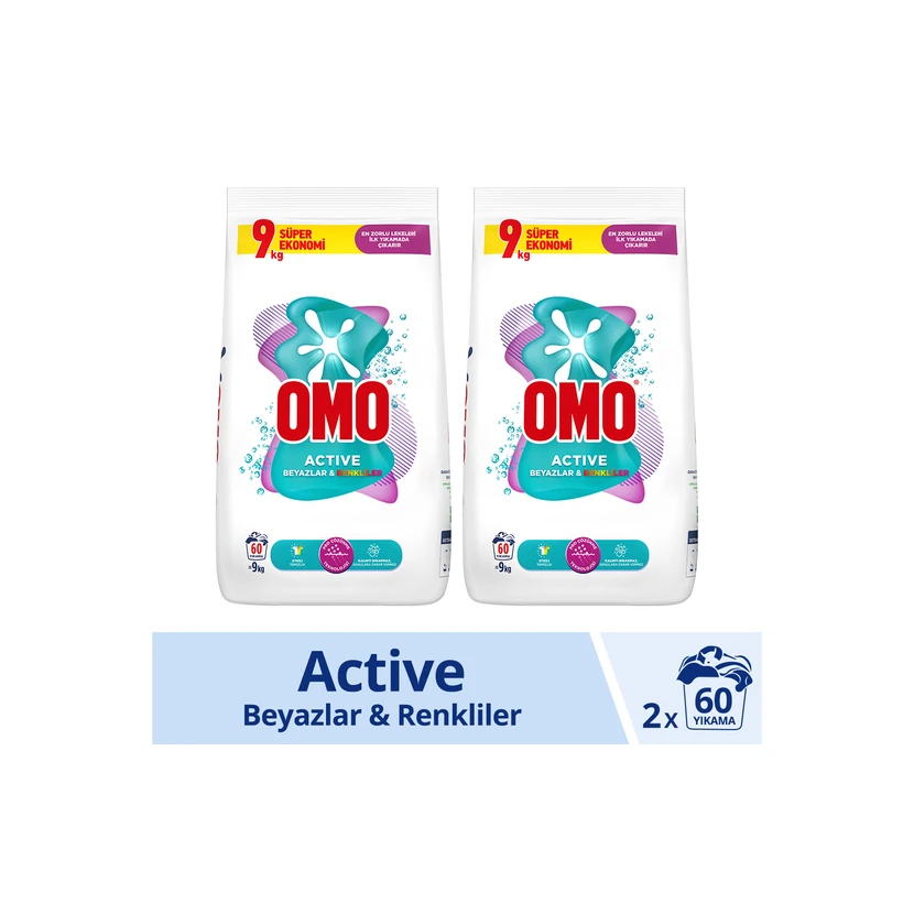 پودر لباسشویی اومو اکتیو مناسب سفیدها و رنگی‌ها 9 کیلوگرم بسته دوعددی