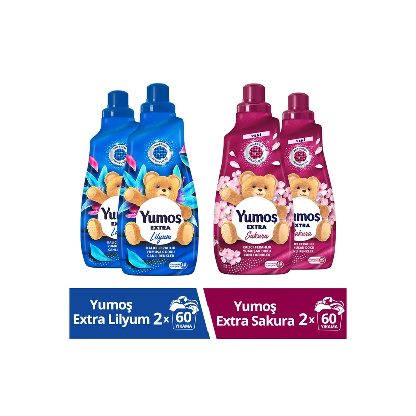 نرم‌کننده لباس یوموش اکسترا ساکورا و لیلیوم بسته ۴ عددی 1440 میلی‌لیتری