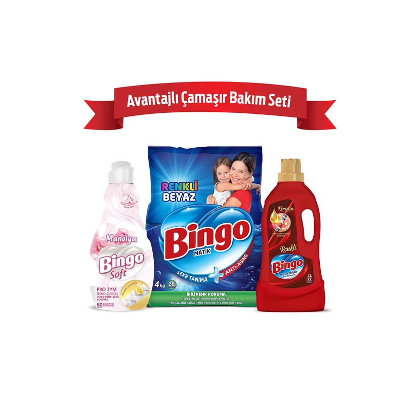 بینگو ست مراقبت لباس شامل پودر ۴ کیلوگرم، مایع ۲ لیتر و نرم‌کننده