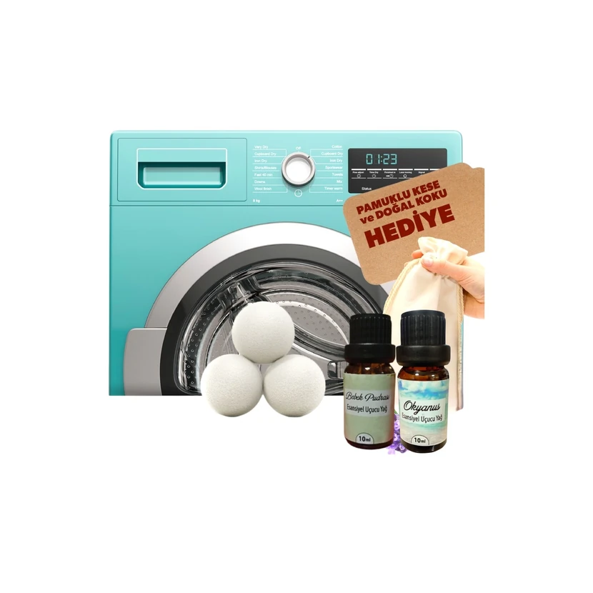 تاپیمانیا توپ پشمی خشک‌کن 3 عددی سایز بسیار بزرگ همراه 2 اسانس 10 میلی‌لیتری طبیعی ساخت ترکیه
