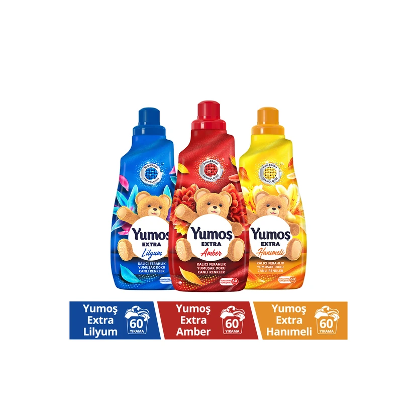 نرم‌کننده پارچه یوموش مجموعه سه‌رایحه (آمبر، لیلیوم، هانیمِلی) 1.44 لیتر