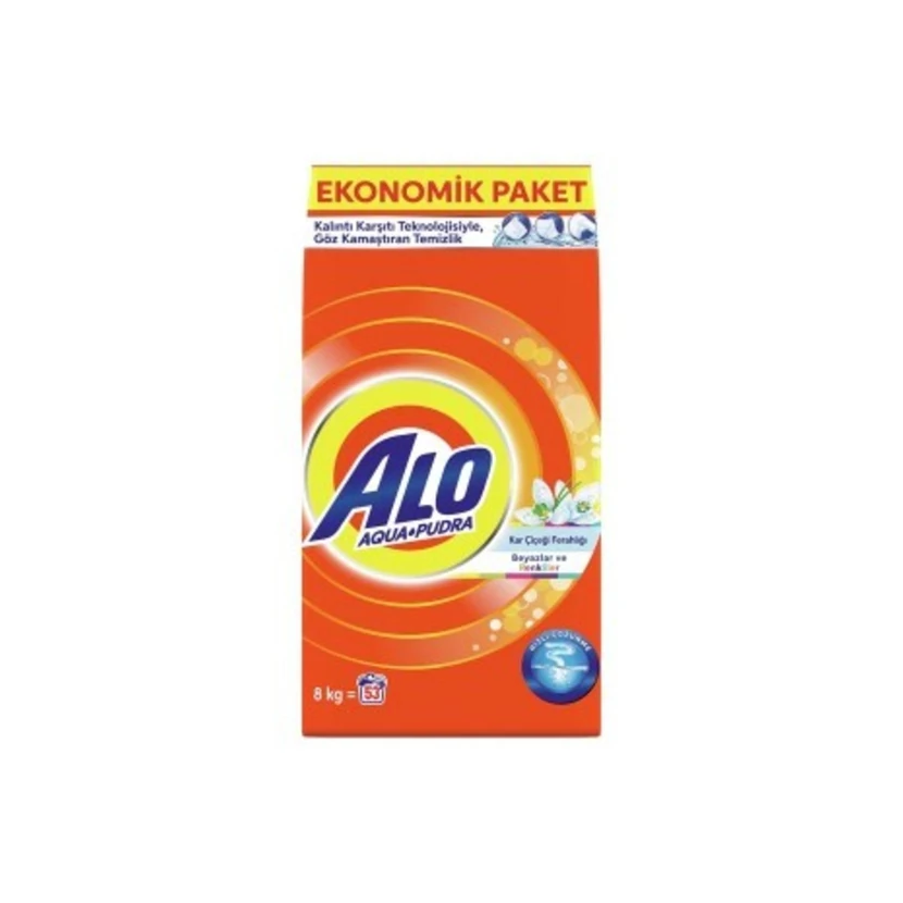 پودر لباسشویی آلو 8 کیلوگرم عطر گل برفی مناسب لباس‌های سفید و رنگی