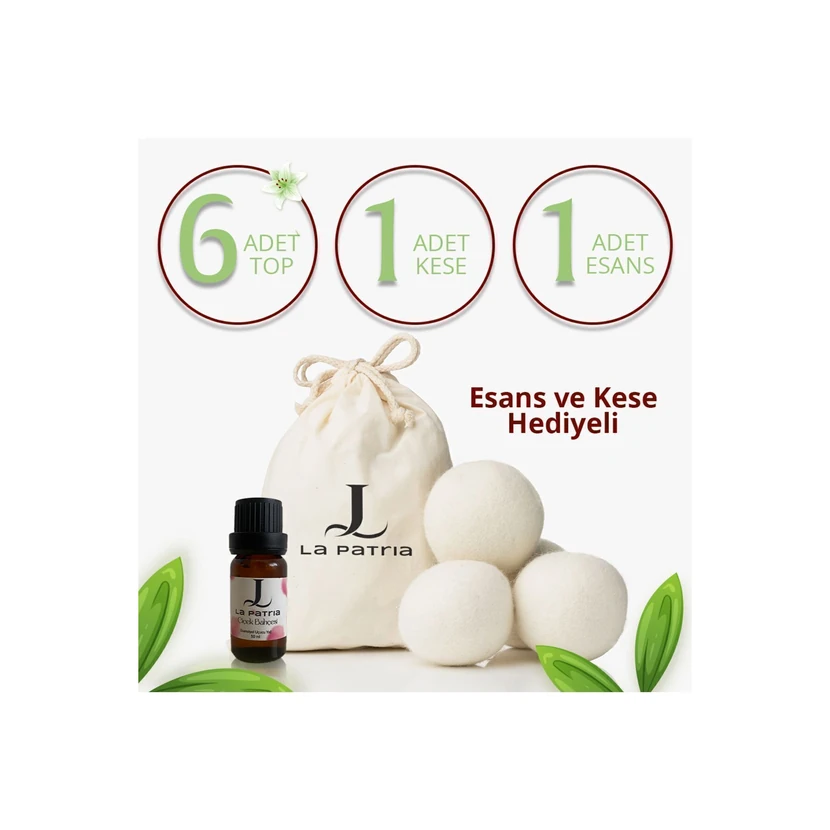 بسته 6 عددی توپ پشمی خشک‌کن لباس لاپاتریا با کیف و روغن معطر 10 میلی‌لیتر