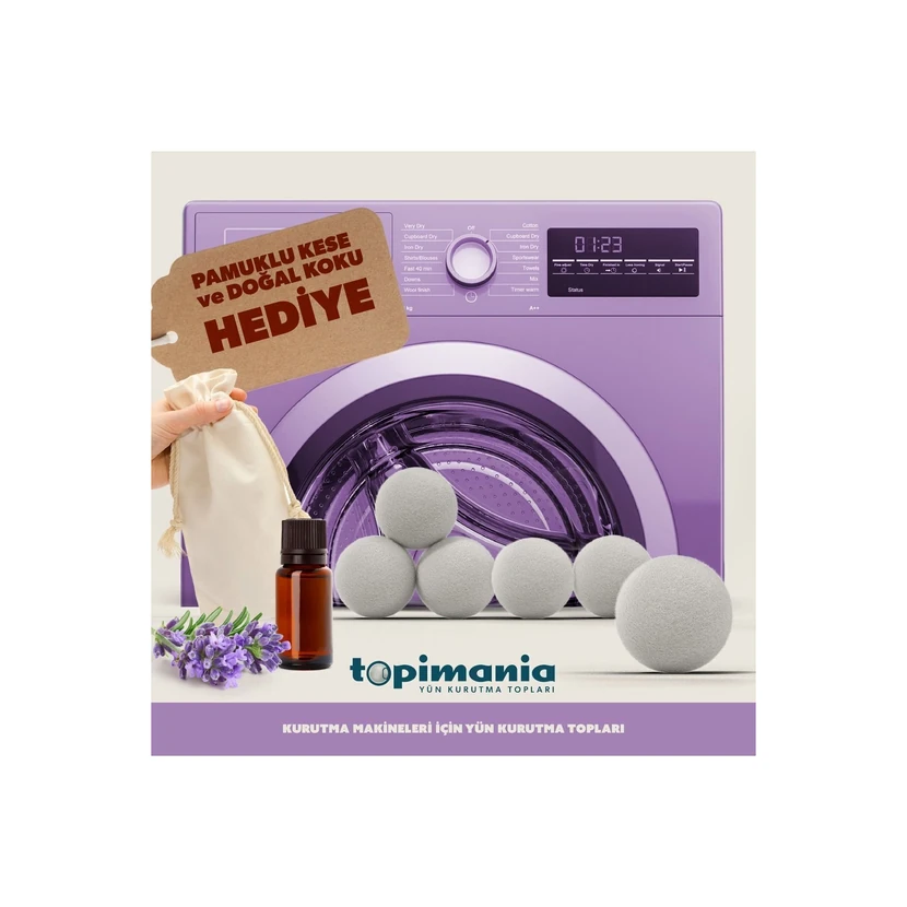 توپ پشمی خشک‌کن XXL تاپیمانیا بسته 6 عددی همراه اسانس 10 میلی‌لیتری