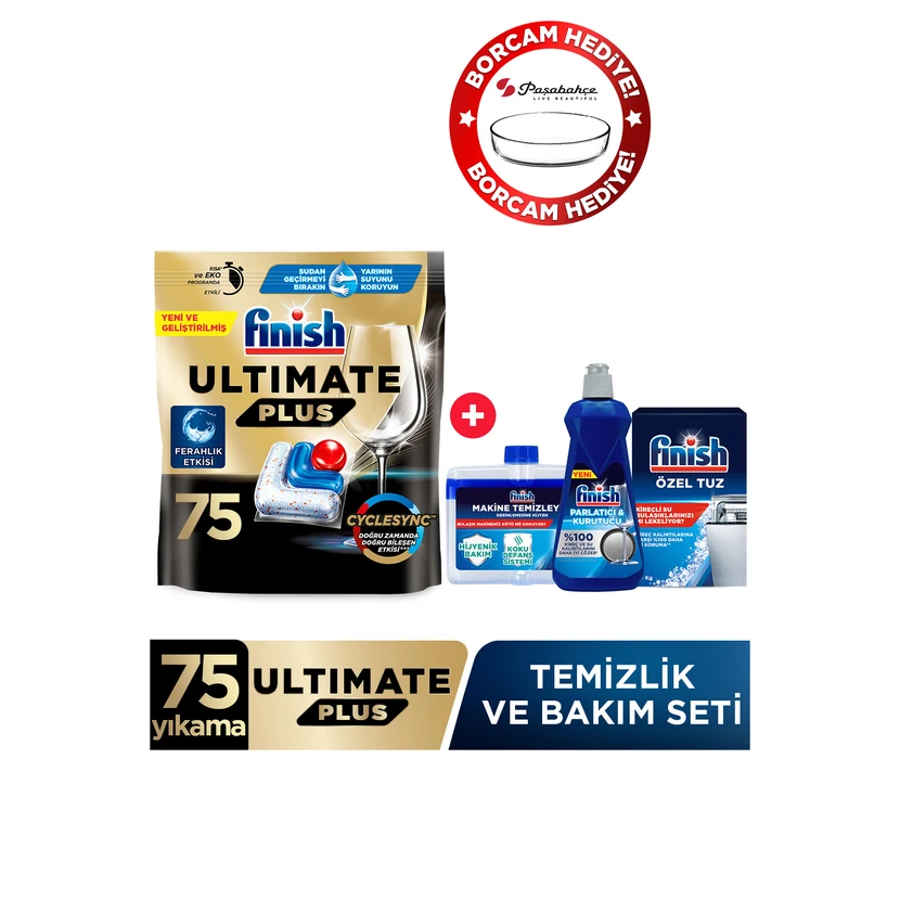 قرص ماشین ظرفشویی فینیش آلتیمیت پلاس 75 عددی همراه ست تمیزکننده بورکام