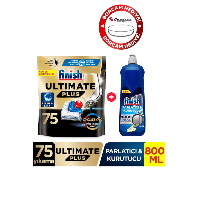 قرص ماشین ظرفشویی فینیش آلتیمیت پلاس ۷۵ عدد، جلادهنده و خشک‌کن ۸۰۰ میلی‌لیتری، بورجام هدیه