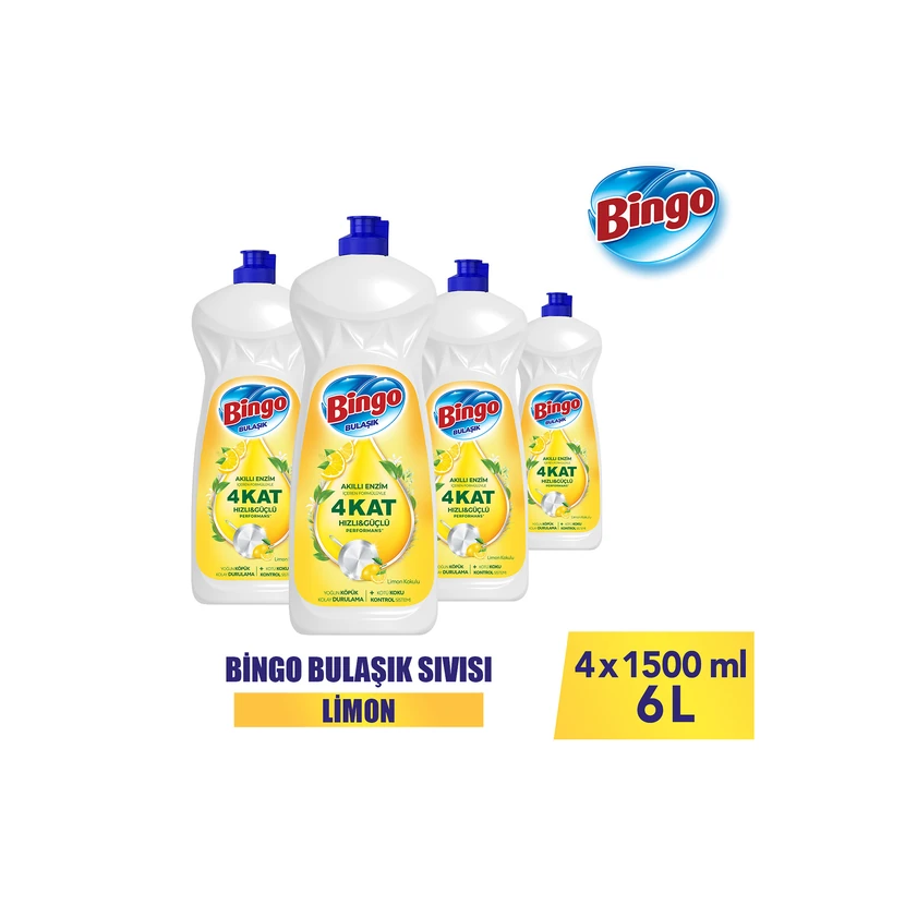 مایع ظرفشویی دستی بینگو لیمو 1500 میلی‌لیتری بسته 4 عددی