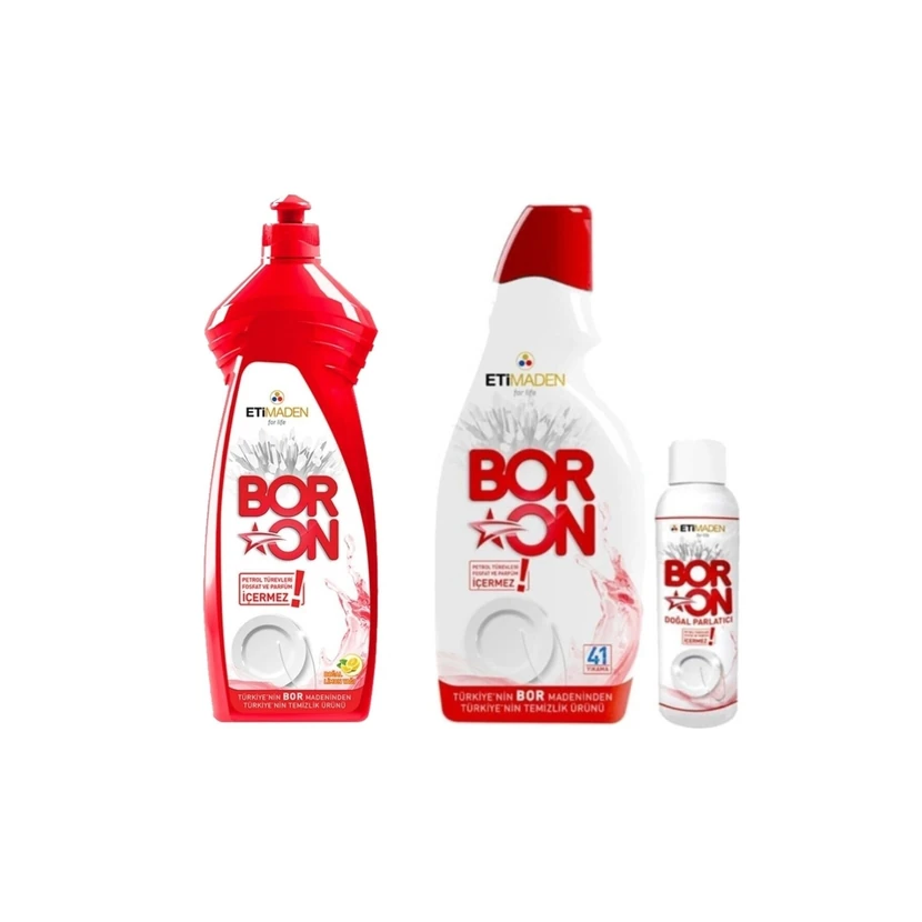 پک بورون ژل ماشین ظرفشویی 820 میلی‌لیتر، براق‌کن 110 میلی‌لیتر و مایع دستی 650 میلی‌لیتر