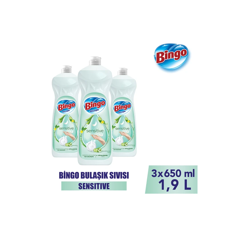 مایع ظرفشویی دستی بینگو حساس 650 میلی‌لیتری بسته 3 عددی