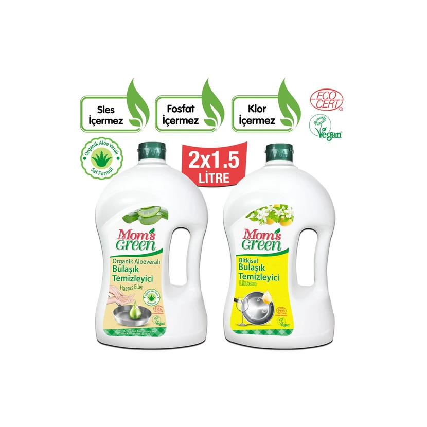 مایع ظرفشویی آلوئه‌ورا و لیمو مومز گرین 1500 میلی‌لیتر × 2 ارگانیک