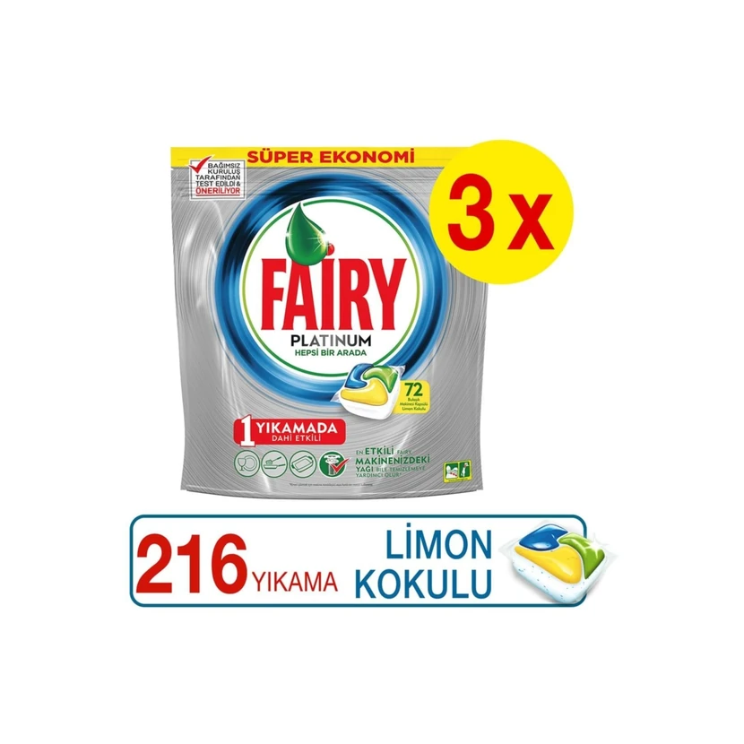 قرص ماشین ظرفشویی فیری پلاتینیوم با رایحه لیمو (216 شست‌وشو، 3 × 72 عدد)