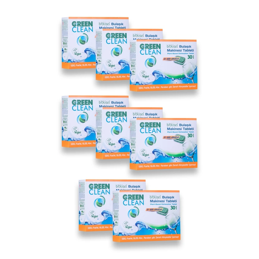 قرص ظرفشویی گیاهی وگان گرین کلین 30 عددی 5 در 1 بسته 8 تایی (240 عدد)