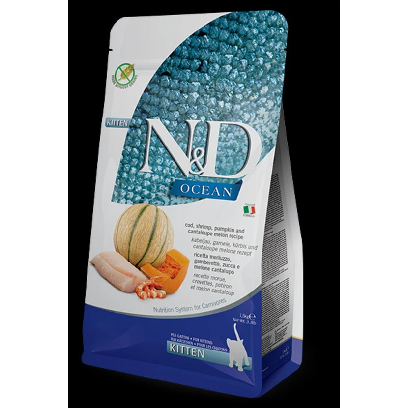 غذای خشک بچه‌گربه ان‌ان‌دی اوشن طعم ماهی کاد و میگو 1.5 کیلوگرم