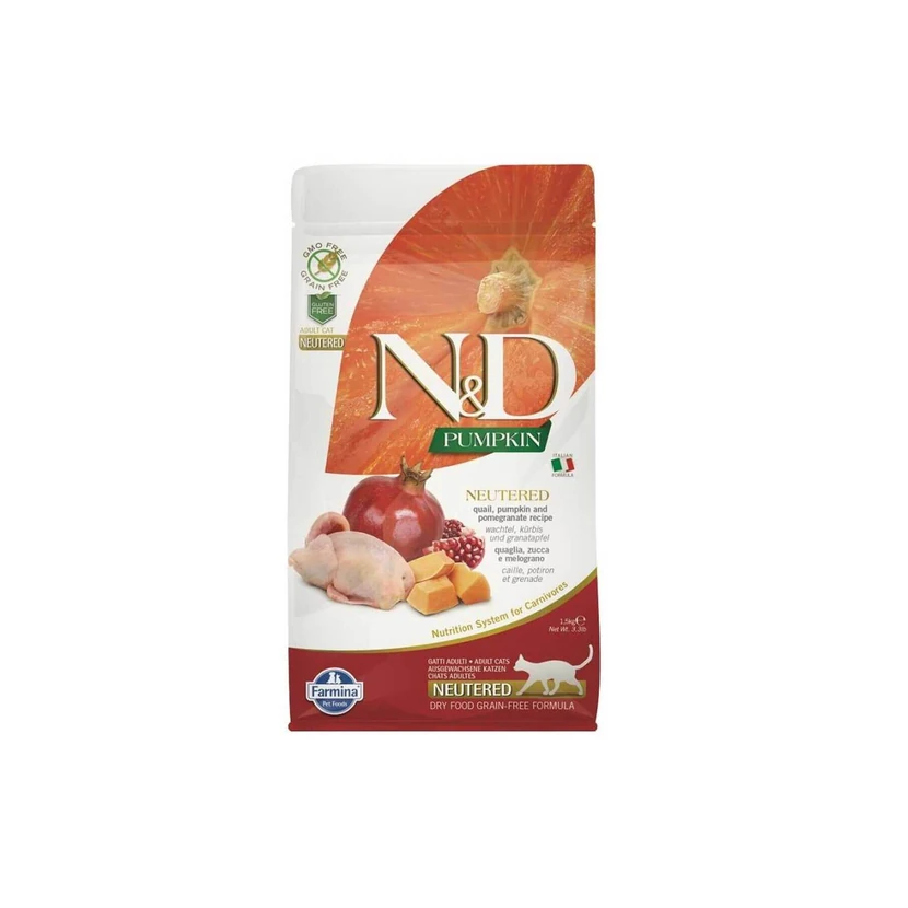 غذای خشک گربه عقیم بالغ ان‌دی بدون غلات بلدرچین کدو و انار 1.5 کیلو