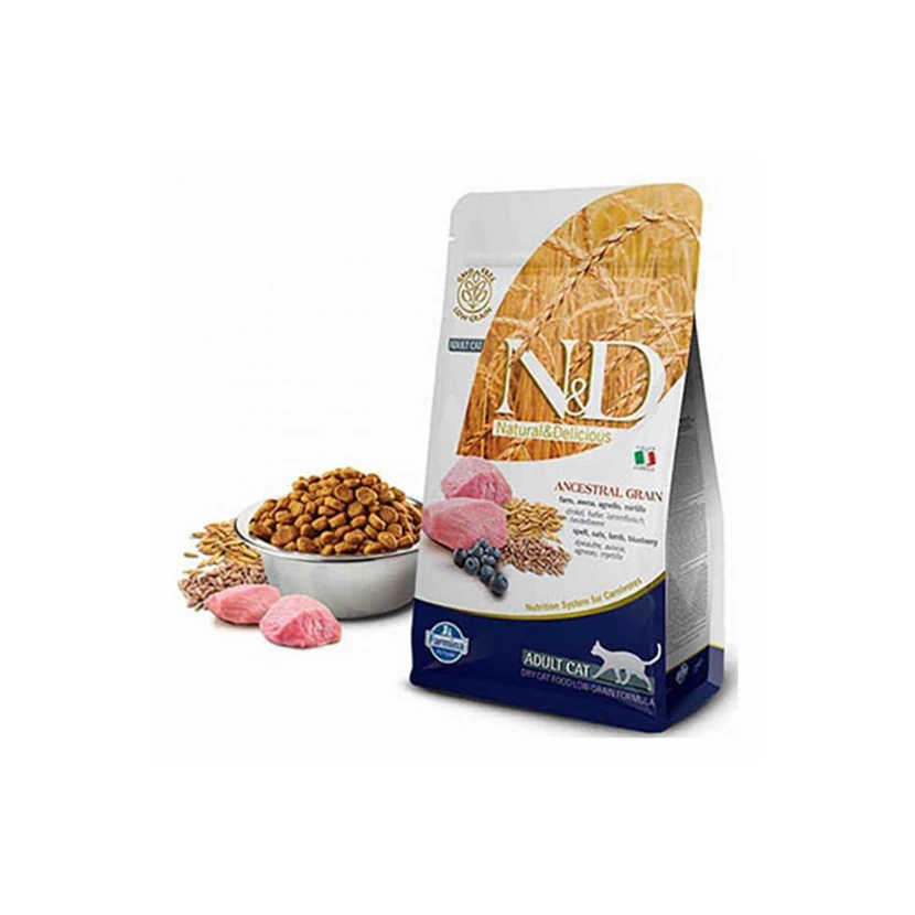 غذای خشک گربه بالغ ان‌دی انسِسترال گرین طعم بره و بلوبری 1.5 کیلوگرم