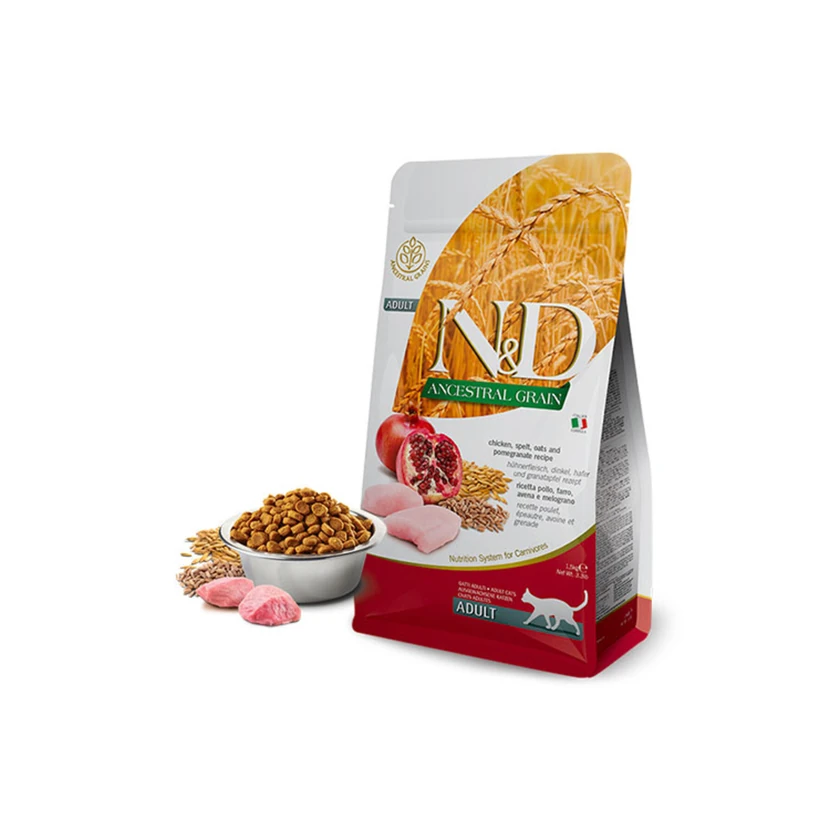 غذای خشک گربه بالغ ان‌دی با مرغ و انار کم‌غلات ۵ کیلوگرم