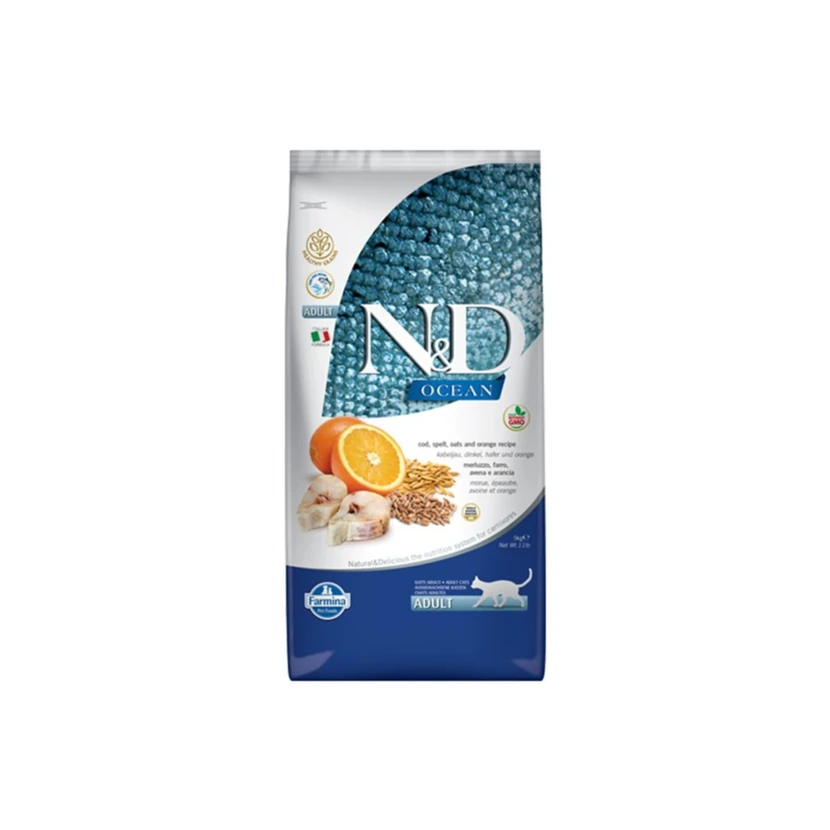 غذای خشک گربه بالغ ان‌دی با ماهی کاد و پرتقال 10 کیلوگرم