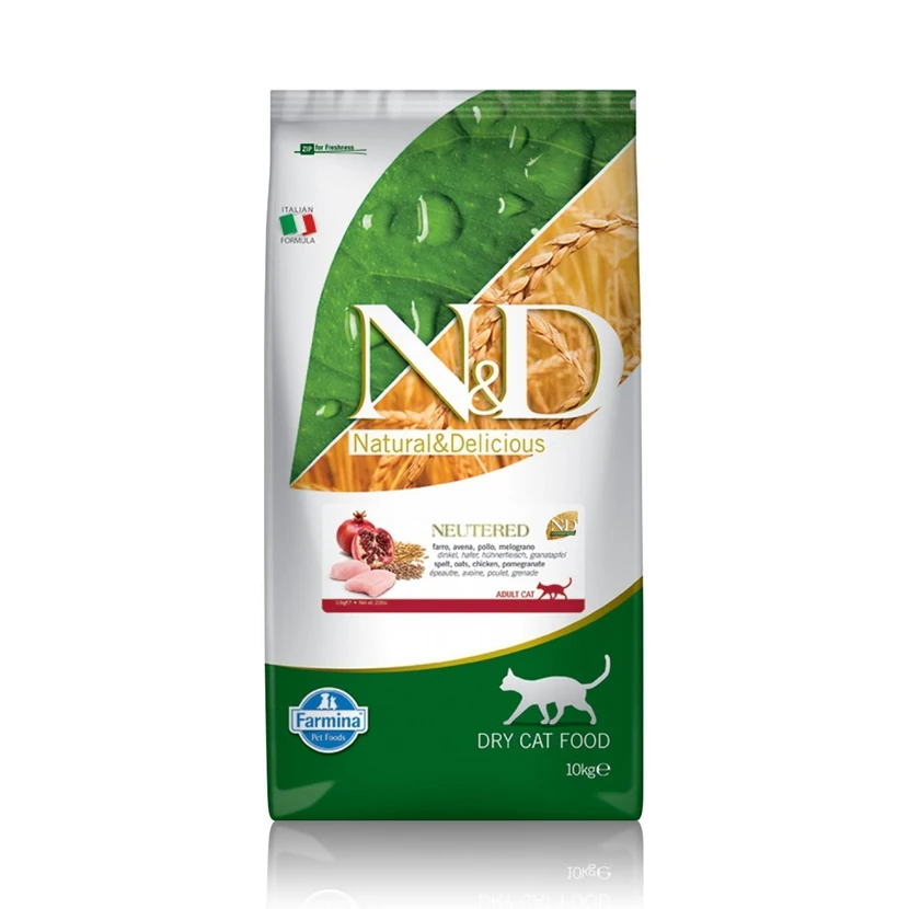 غذای خشک گربه عقیم شده ان‌دی مرغ و انار کم‌غلات 10 کیلوگرم