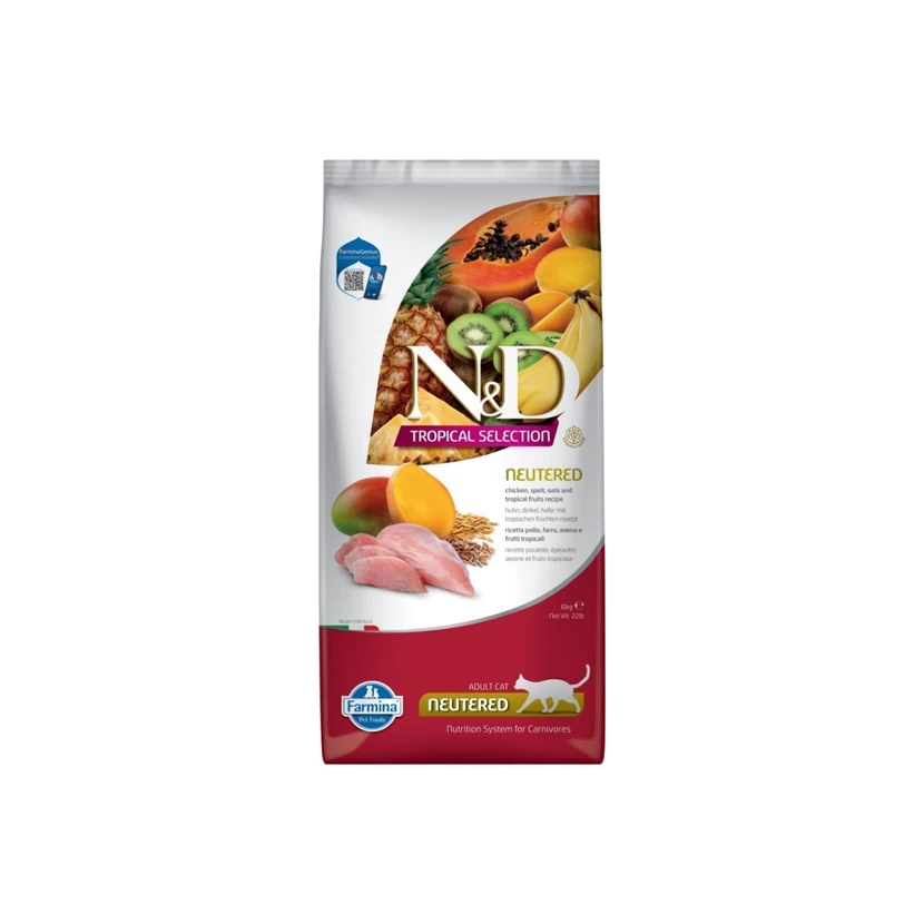 غذای خشک گربه عقیم‌شده ان‌دی گرمسیری مرغ و میوه‌ 10 کیلوگرم