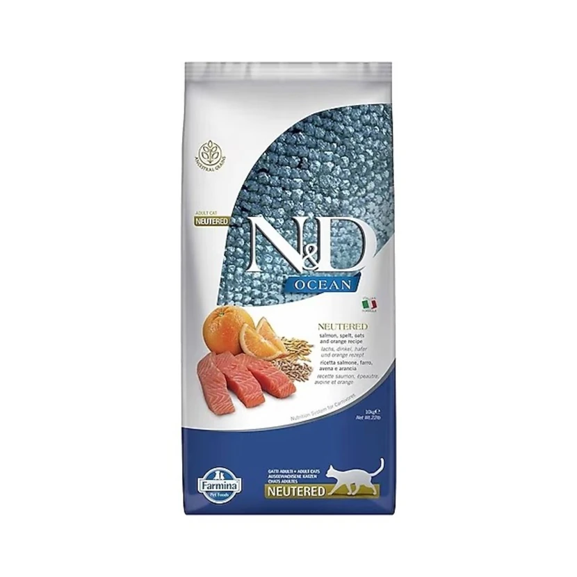 غذای خشک گربه ان‌دی کم‌غلات سالمون و پرتقال 10 کیلوگرم