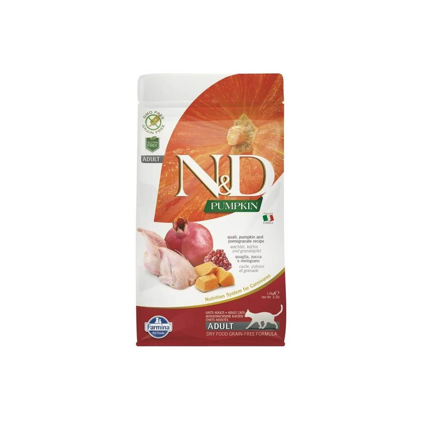 غذای خشک گربه ان‌دی کدوحلوایی بلدرچین و انار 1.5 کیلوگرم