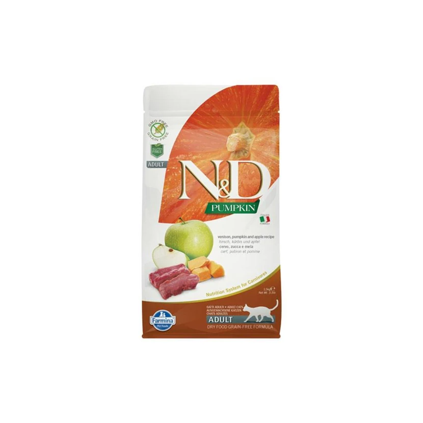 غذای خشک گربه بالغ ان‌دی بدون غلات با کدو تنبل، سیب و طعم گوزن 1.5 کیلوگرم